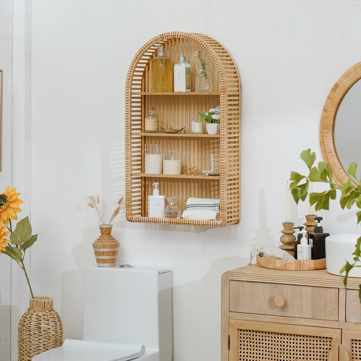 Round Wall Shelf Made of Natural Rattan