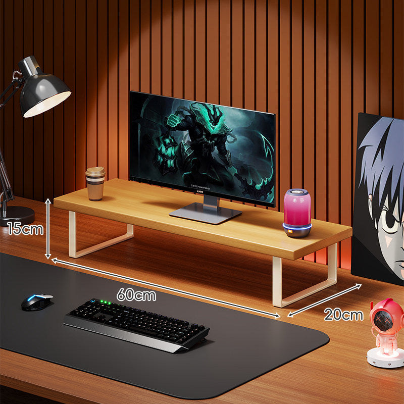 Elevated Wooden Monitor Riser Stand with Metal Bracket Legs and Cable-Friendly Desktop Shelf
