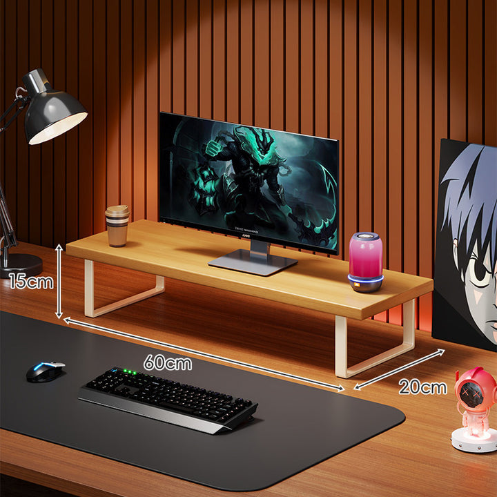 Elevated Wooden Monitor Riser Stand with Metal Bracket Legs and Cable-Friendly Desktop Shelf