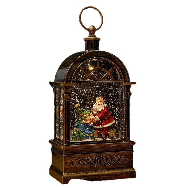 Nostalgic Christmas lantern with snowfall and moving Santa Claus scene