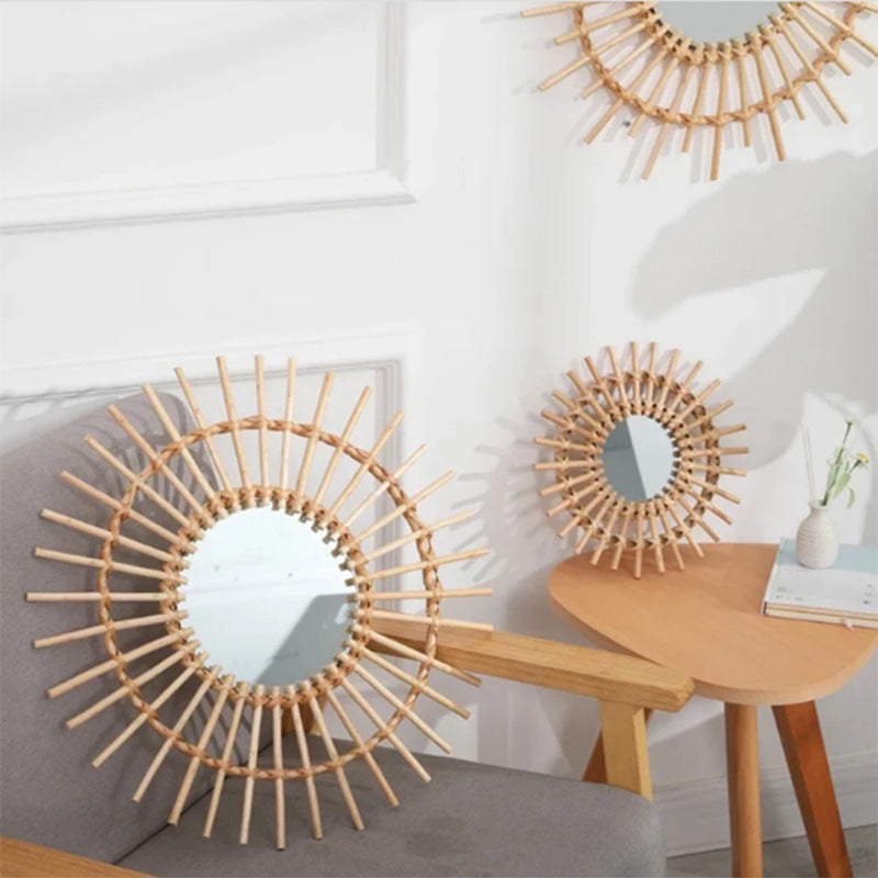Wall mirror with wicker basket