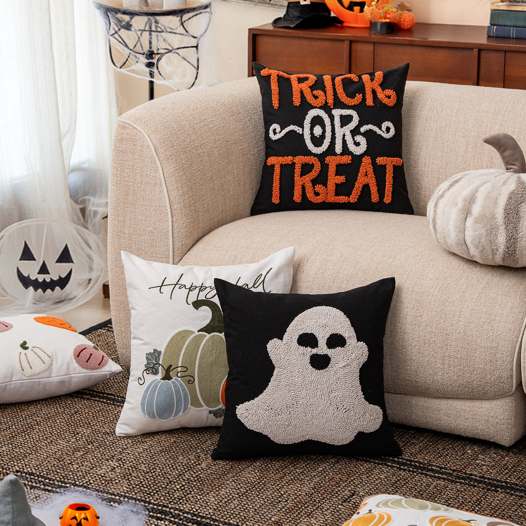 Embroidered decorative pillow cover with ghost tufting and hidden zipper