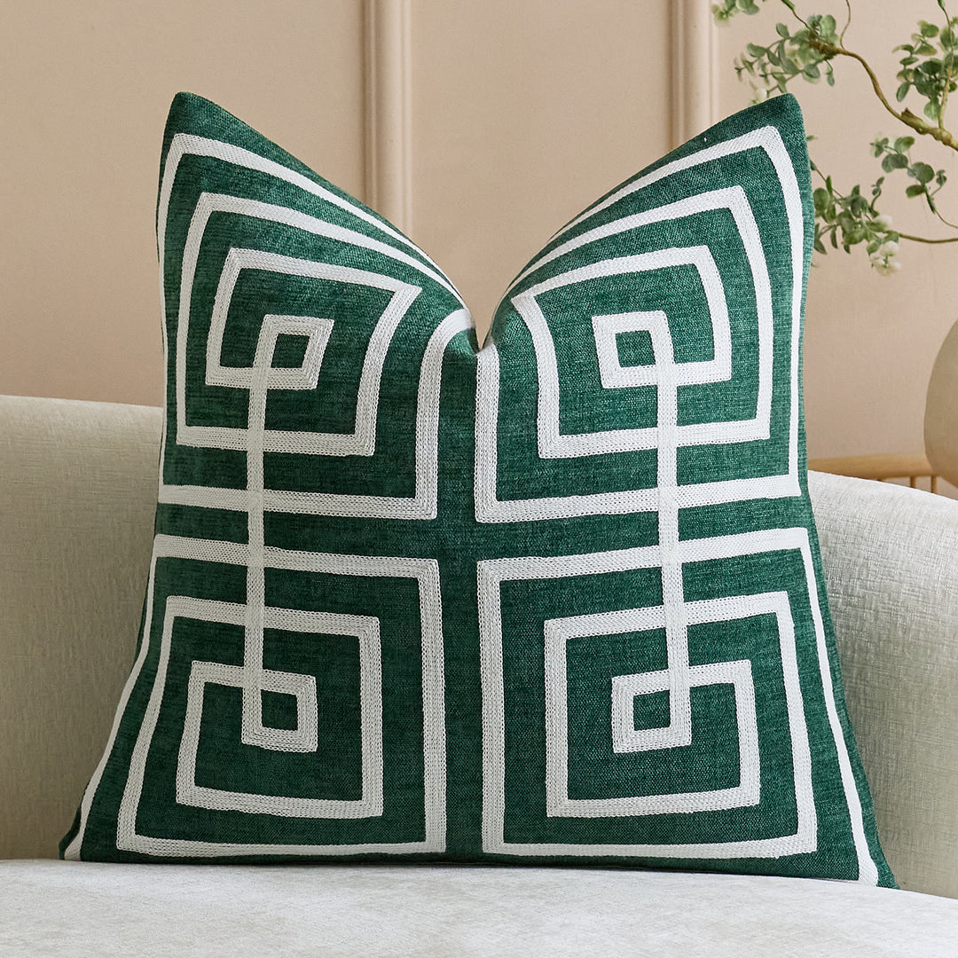 Geometric Embroidered Cotton-Linen Square Throw Pillow Cover with Raised Chenille Maze Appliqué