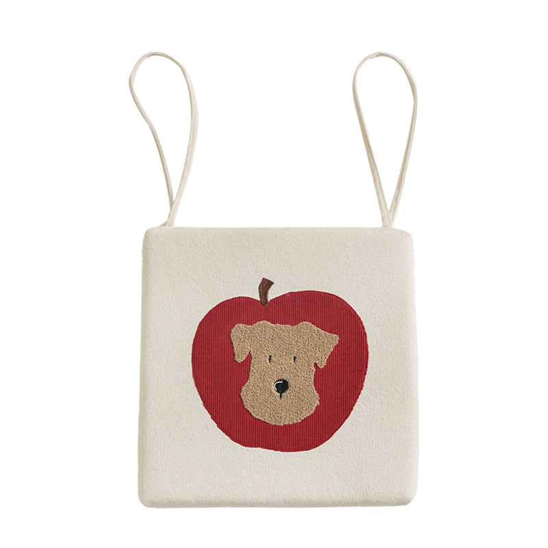 Square seat cushion with appliquéd dog motif, padded filling and attachment straps