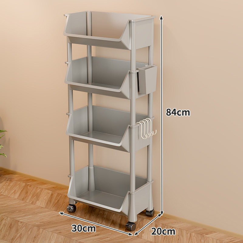 Slim Vertical Four-Bin Rolling Storage Tower with Deep Angled Bins and Side Hook