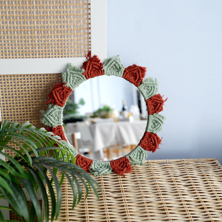Wall mirror with decorative macrame frame