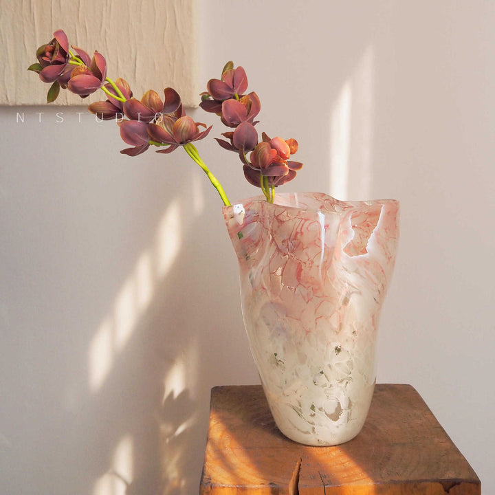 Sculptural Hand-Blown Marble-Effect Tapered Glass Vase