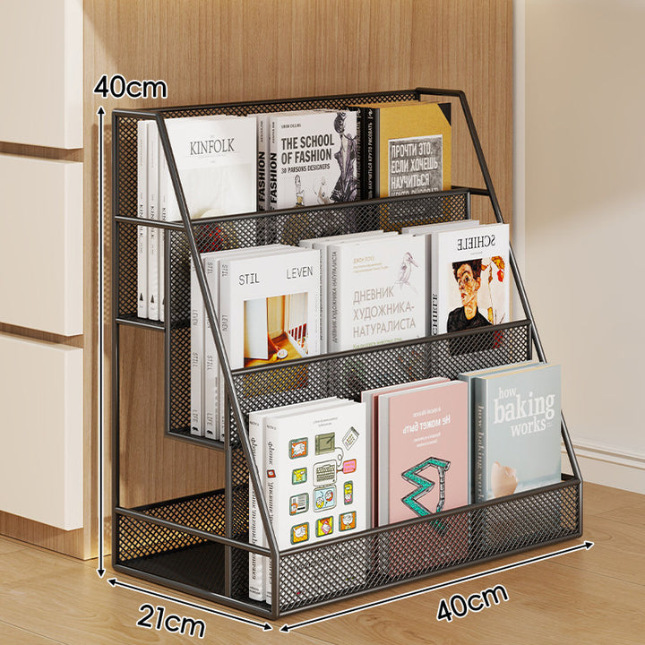 Angled Mesh Rolling Book and Magazine Display Rack with Slanted Shelves and Swivel Casters