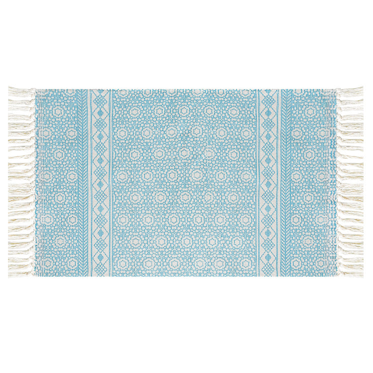 Flat-woven cotton runner with Mediterranean tile jacquard and decorative fringes