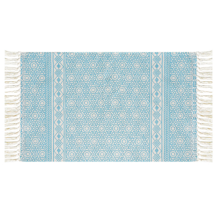 Flat-woven cotton runner with Mediterranean tile jacquard and decorative fringes