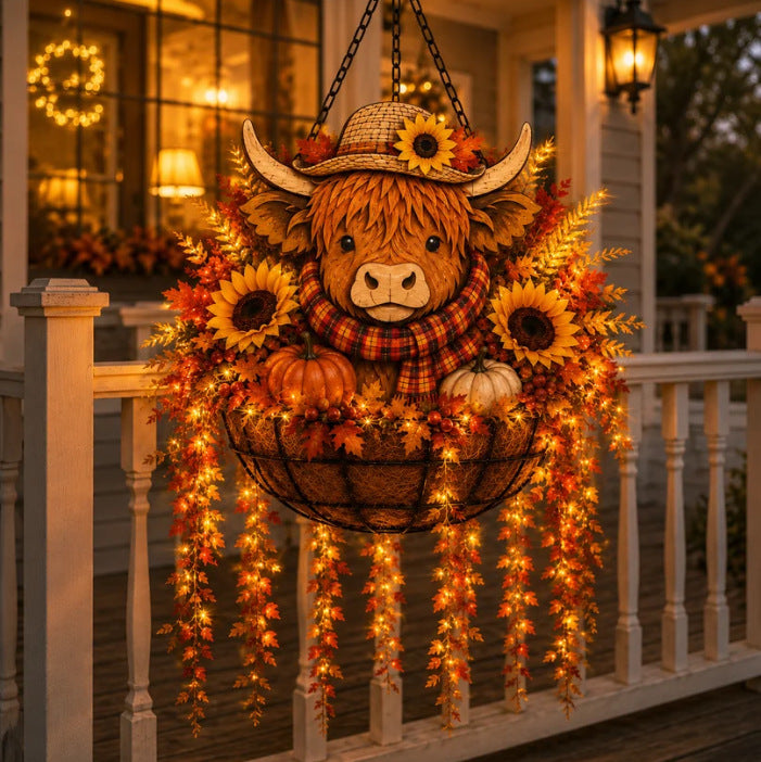 Autumn Hanging Porch Basket Decoration with Highland Cow Face Sunflowers Pumpkins and LED Fairy Lights