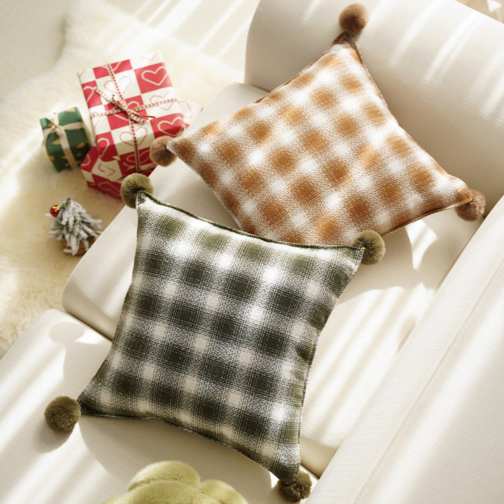 Decorative square cushion cover with pompom corners and checkered jacquard pattern