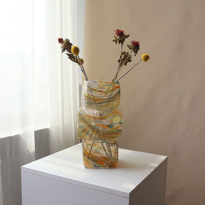 Mouth-Blown Multi-Swirl Art Glass Sculptural Floor Vase