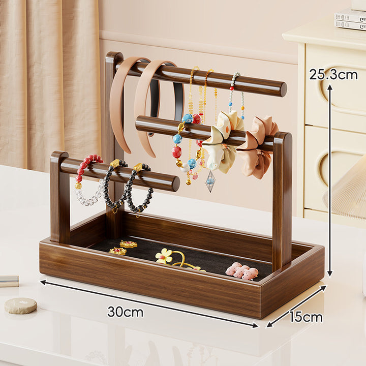 Wooden Dual-Tier Jewelry Organizer Stand with Felt-Lined Tray