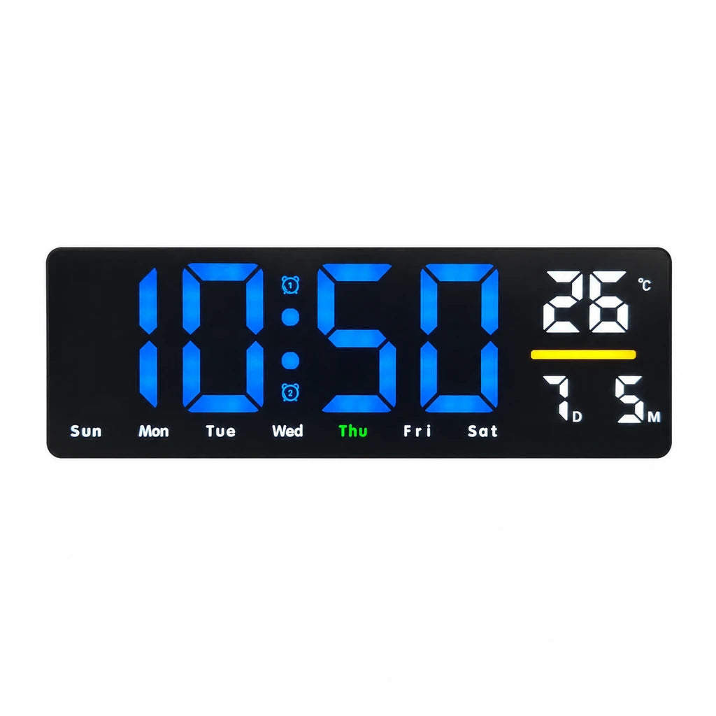 Digital wall clock with temperature and calendar display