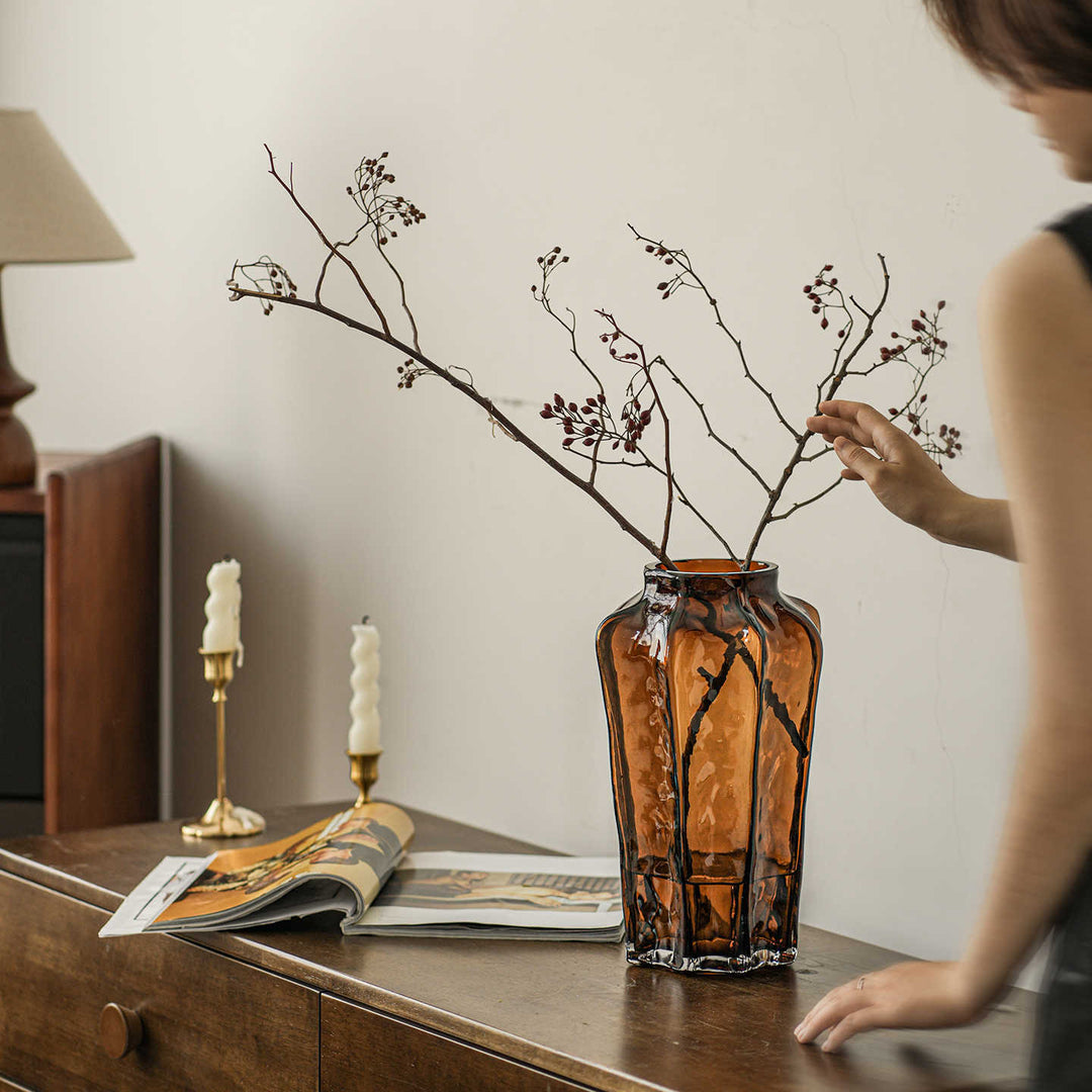 Tall Ribbed Art Glass Flower Vase Centerpiece