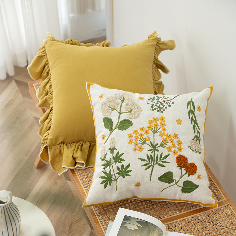 Hand-tufted square decorative cushion cover with floral chenille appliqué