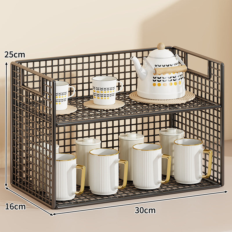 Three-Tier Wire Grid Countertop Display Shelf with Faux-Wood Removable Trays