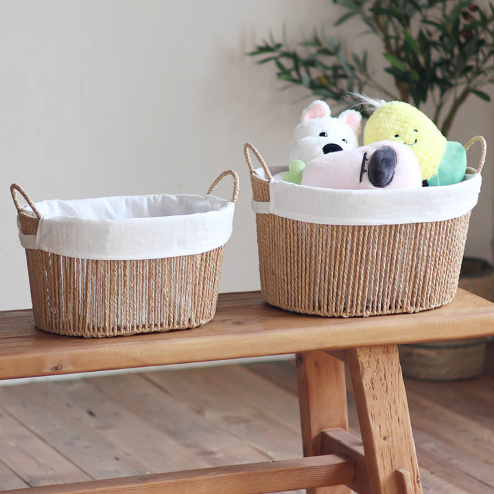 Handcrafted storage basket with white cotton lining