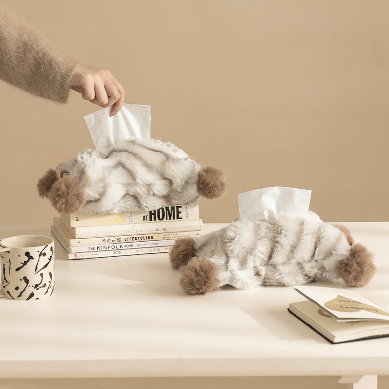 Decorative faux fur tissue box cover with pom poms and hanging handle