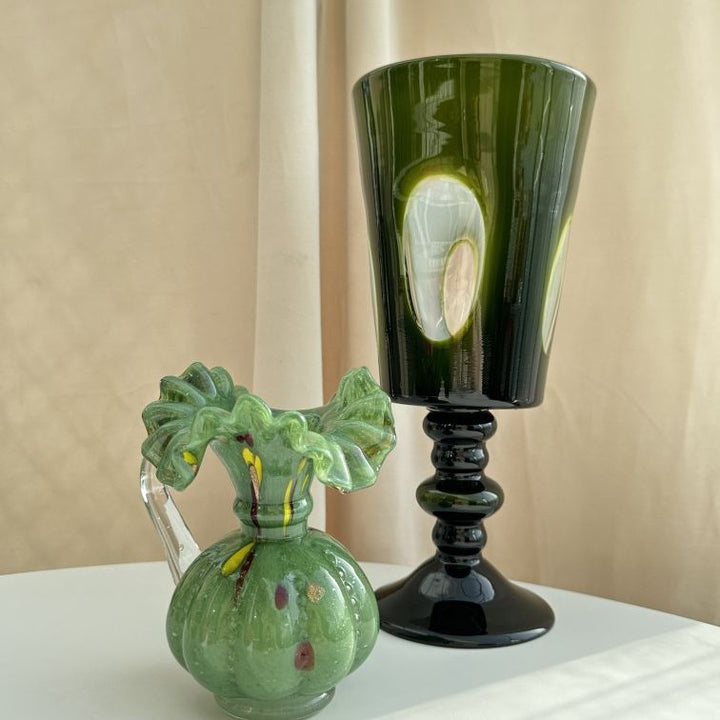 Hand-Blown Tall Pedestal Goblet-Form Glass Vase with Stacked Knob Stem