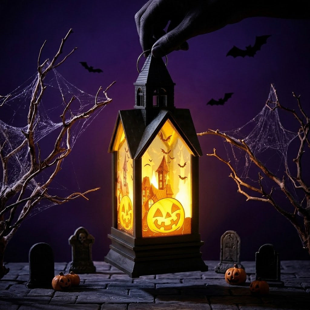 Halloween-themed LED Decorative Lantern with Silhouette Witch Pumpkin Ghost Scene