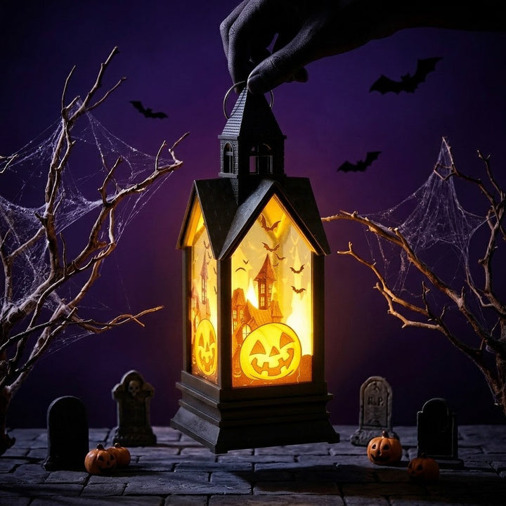 Halloween-themed LED Decorative Lantern with Silhouette Witch Pumpkin Ghost Scene