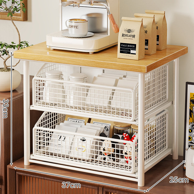 Countertop Wooden-Top Sliding Mesh Storage Basket Organizer with Metal Frame