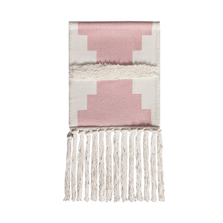 Hand-woven wall hanging and table runner made of cotton blend with geometric staircase pattern and long fringes