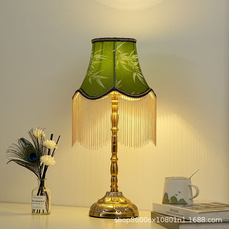 Silk fringed Empire-style table lamp with bead tassel shade