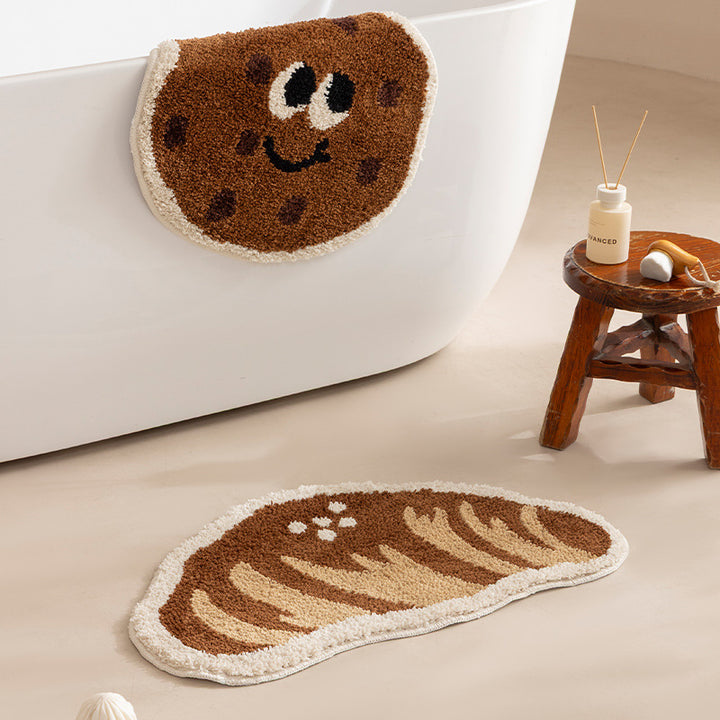 Bathroom mat set with hand-tufted cookie and bread design, soft microfiber pile and non-slip rubber backing