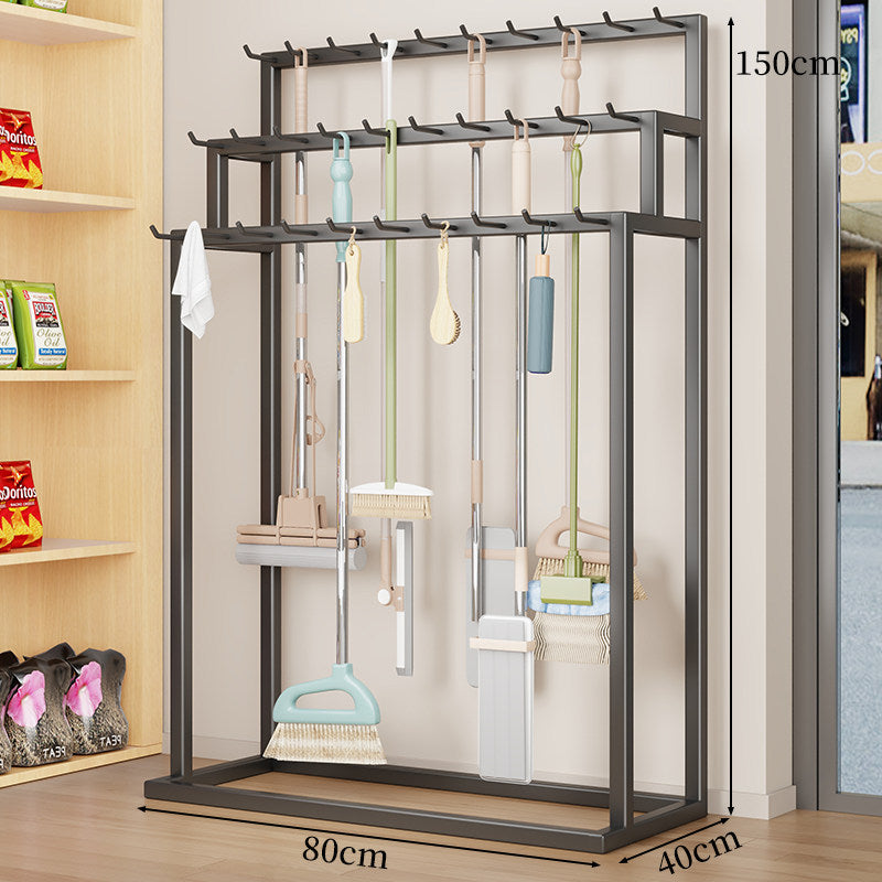Vertical Mop and Broom Organizer Rack with Multi-Hook Hanging Storage