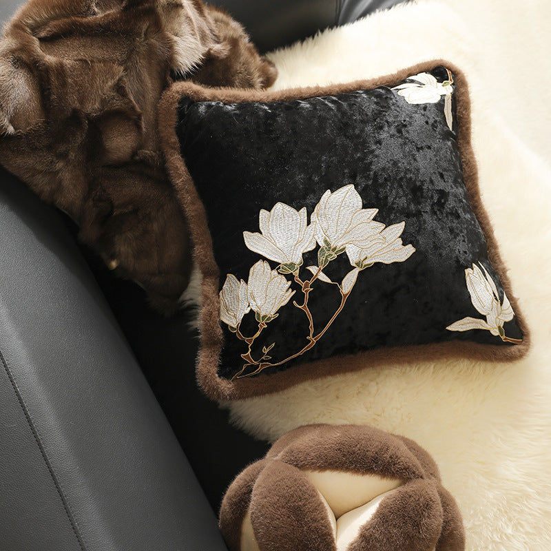 Square velvet decorative pillowcase with magnolia embroidery and faux fur trim