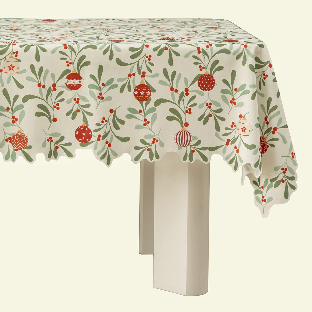 Festive rectangular tablecloth with mistletoe and Christmas ornament motif