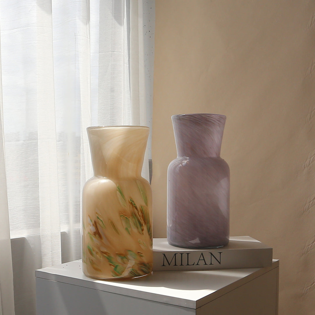 Hand-Blown Swirled Glass Tall Cylinder Vase with Flared Neck Centerpiece