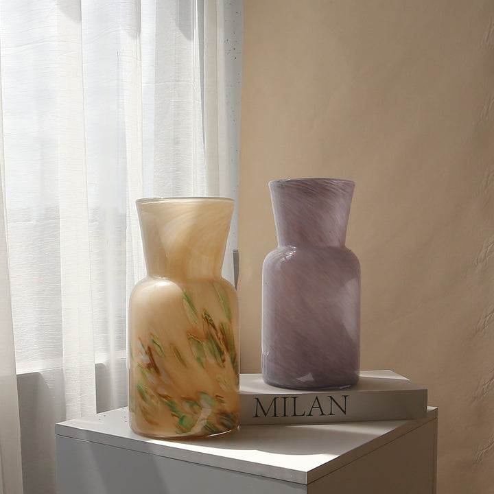 Hand-Blown Swirled Glass Tall Cylinder Vase with Flared Neck Centerpiece
