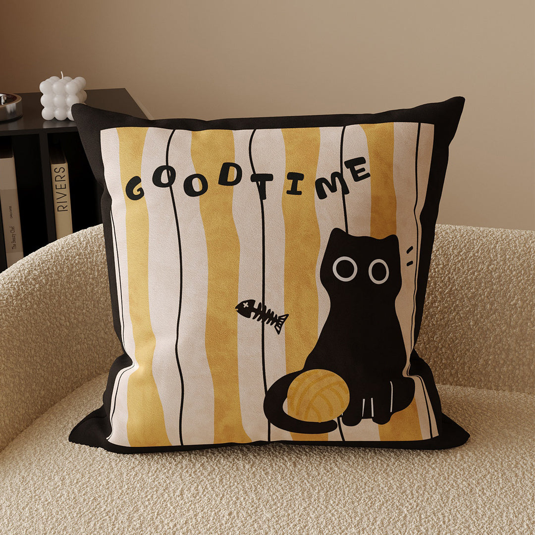 Decorative Striped Cotton-Linen Throw Pillow Cover with Playful Black Cat Motif