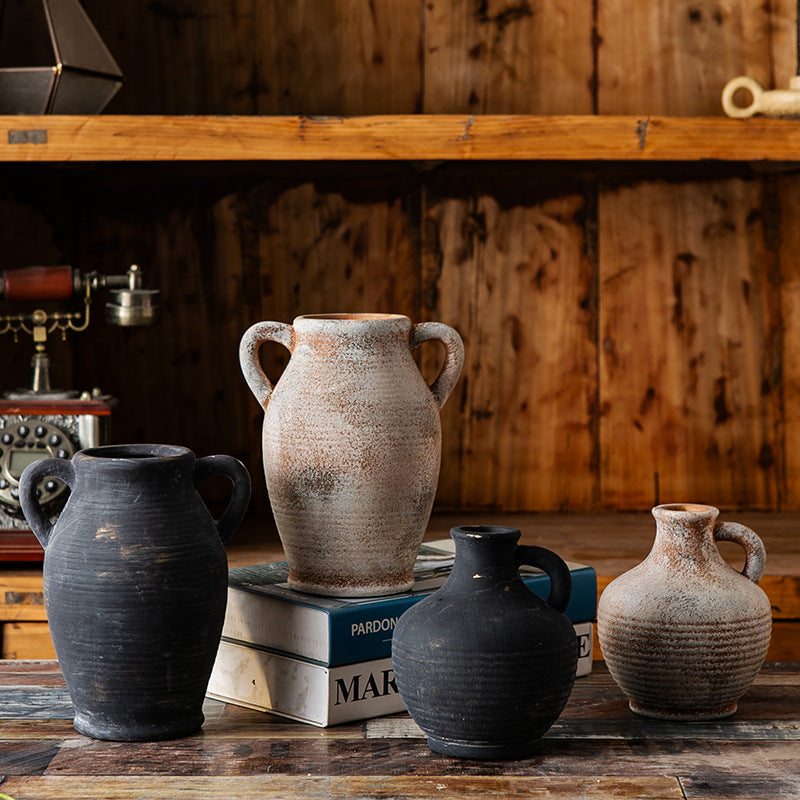 Rustic ceramic vase with handles