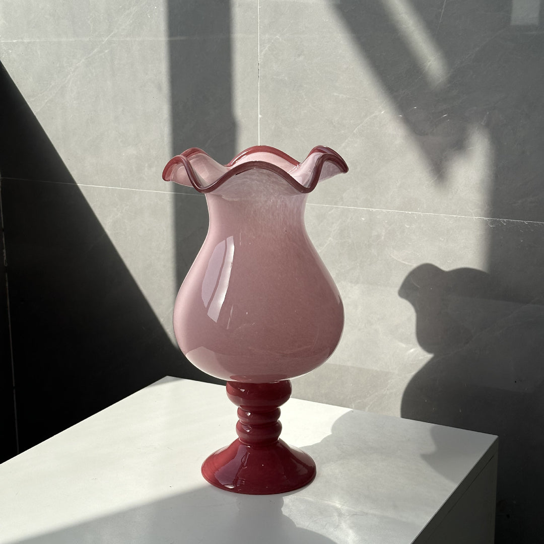 Artisanal Hand-Blown Rippled Pedestal Glass Centerpiece Vase