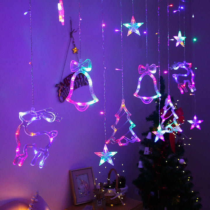 LED Acrylic Hanging Christmas Curtain Light Set with Reindeer Tree Bell and Star Ornaments