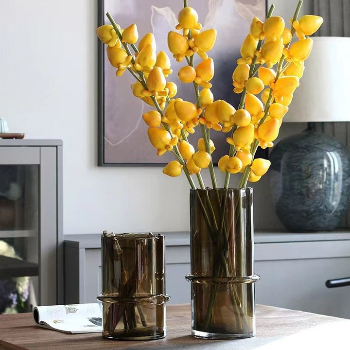 Hand-Blown Smoked Glass Cylindrical Centerpiece Vase with Decorative Mid-Ring