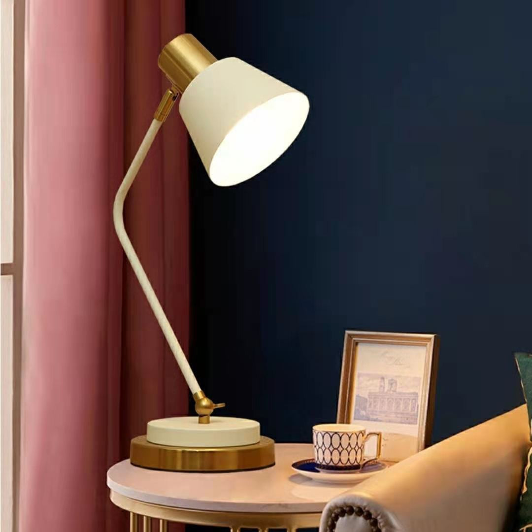 Adjustable metal desk lamp with swivel arm and brass accents
