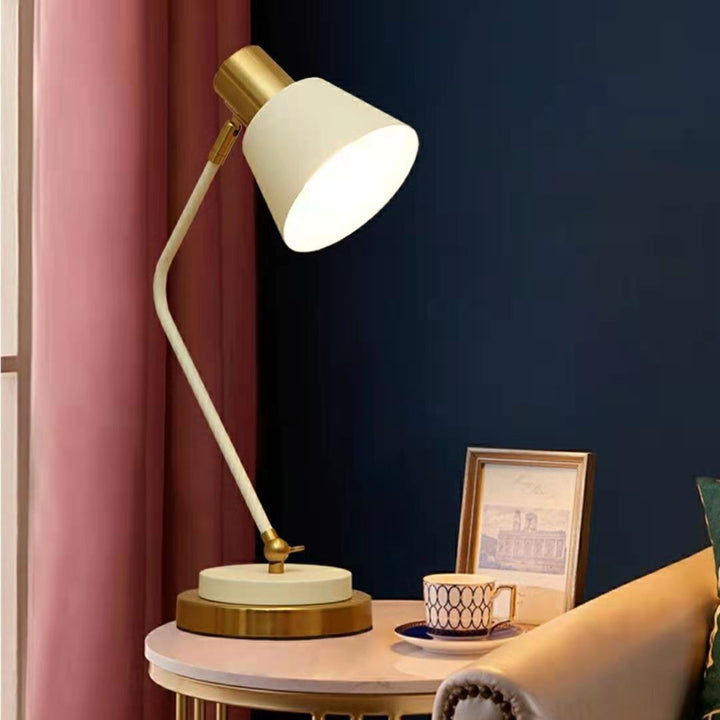 Adjustable metal desk lamp with swivel arm and brass accents