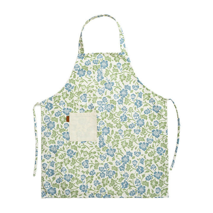 Cotton apron with floral pattern, adjustable neck strap and front pocket