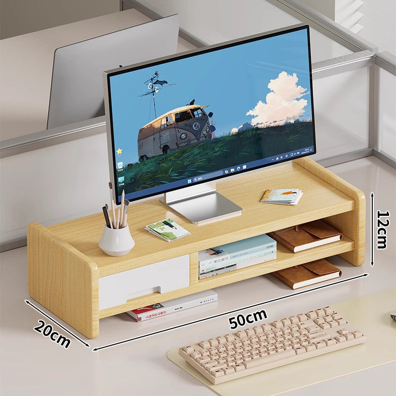 Solid Wood Monitor Riser and Desk Organizer with Dual-Level Shelf and Cable Management