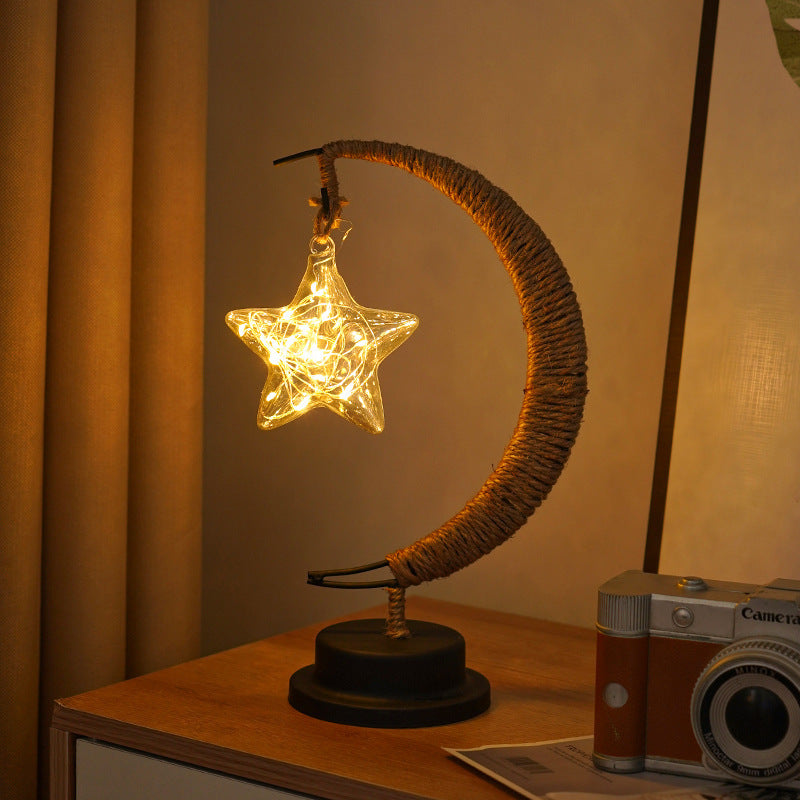 Decorative glass apple LED table lamp with moon-shaped rope-wrapped stand