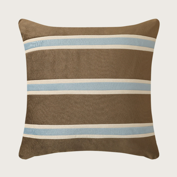 Square velvet decorative pillow with woven stripes and concealed zipper