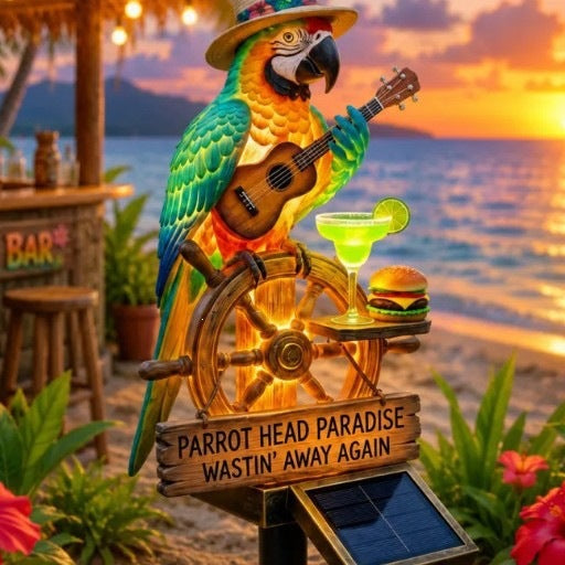 Decorative figure of a funny parrot with drink and guitar