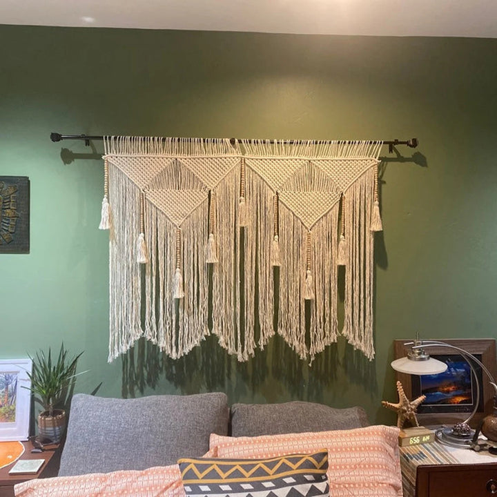 Elegant Macrame Wall Hanging with ornate fringes and leaves