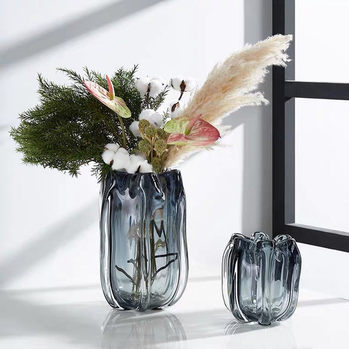 Hand-Blown Sculptural Rippled Glass Vase with Organic Ruffled Rim